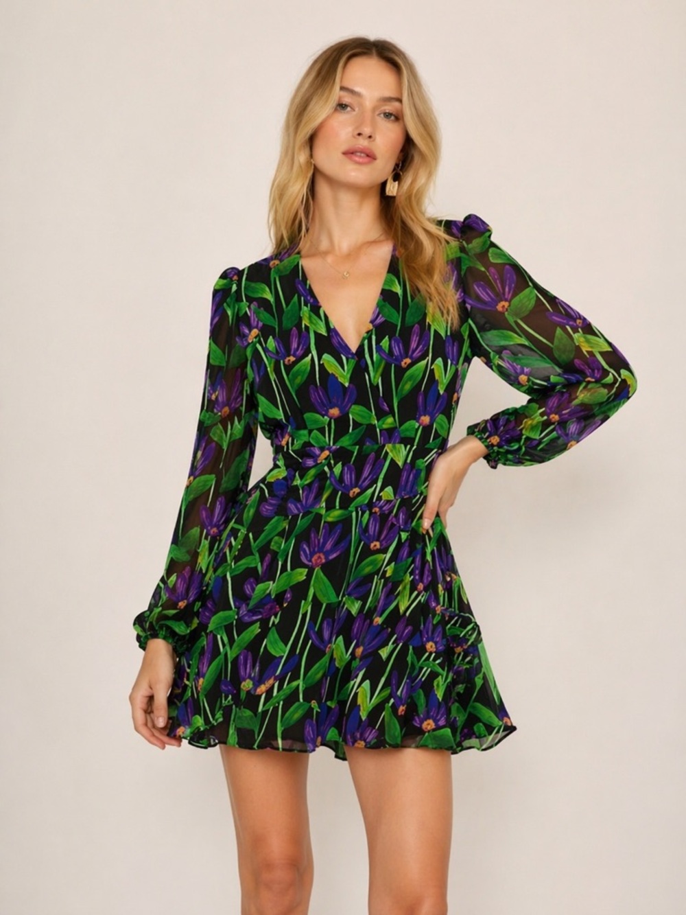 Milly Loren Deco Floral V-Neck Mini Dress Size 8 NWT Chiffon